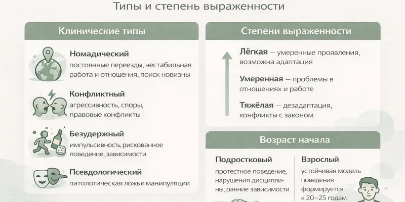 Типы, виды и степени выраженности диссоциального расстройства личности - инфографика
